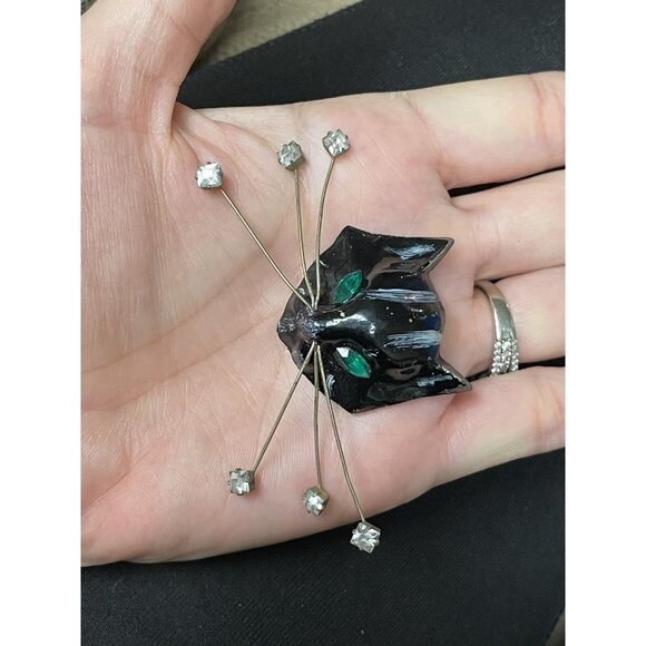 RARE Vintage Unsigned CORO CAT Head Fur Clip Rhinestone Eyes Black Cat - Picture 15 of 16